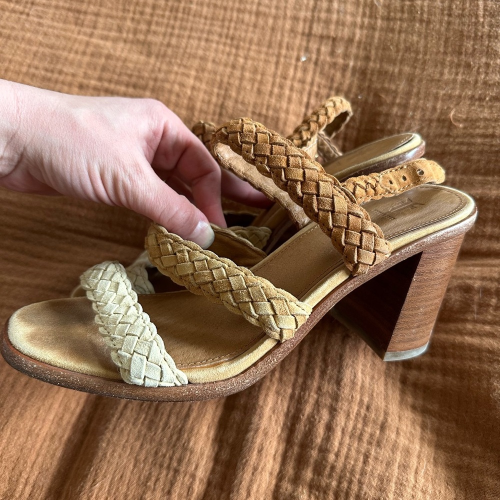 Frye Amy Braided Sandals Heels Size 7.5 Multi Brown